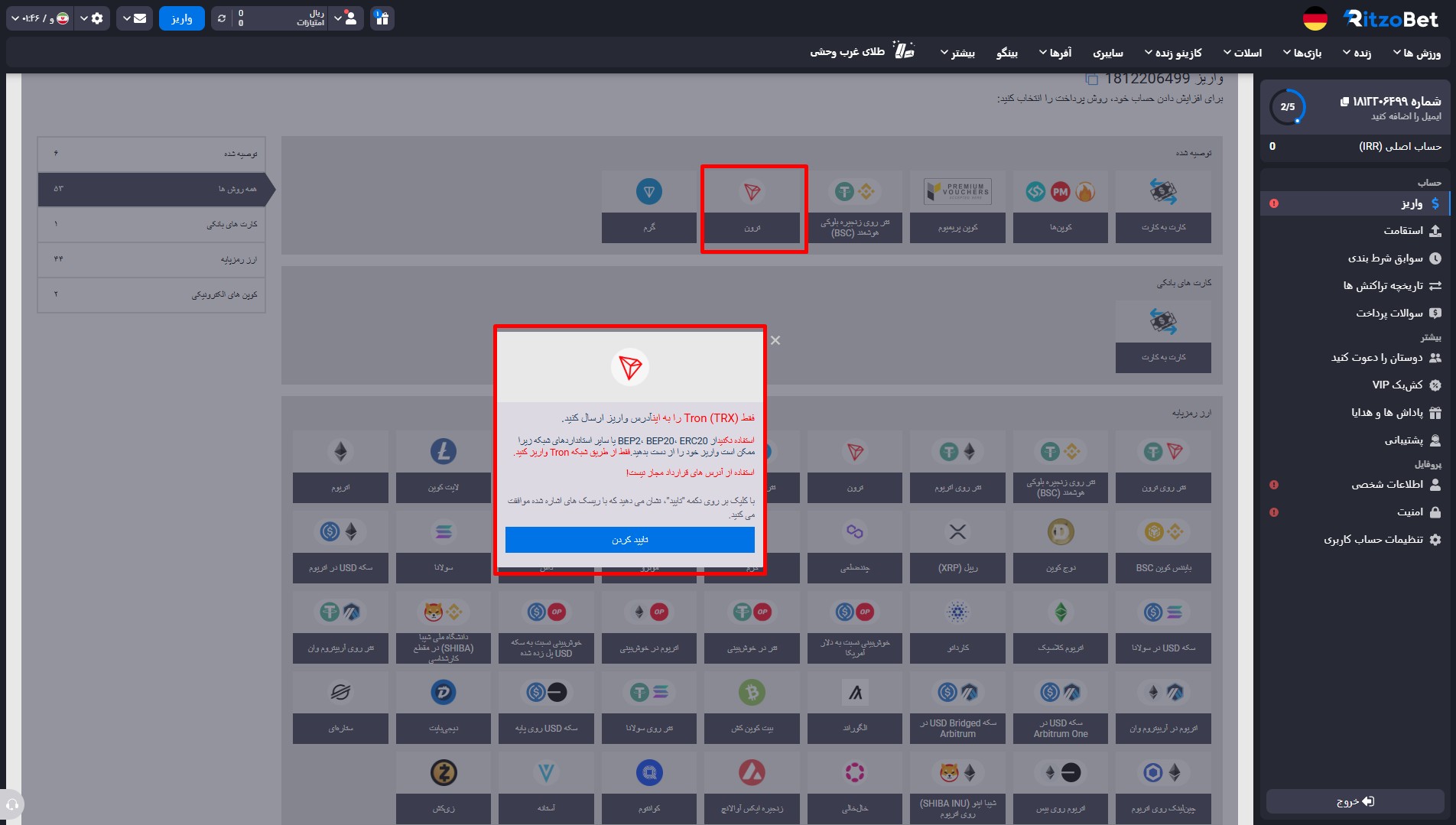 شارژ حساب در سایت ریتزو بت