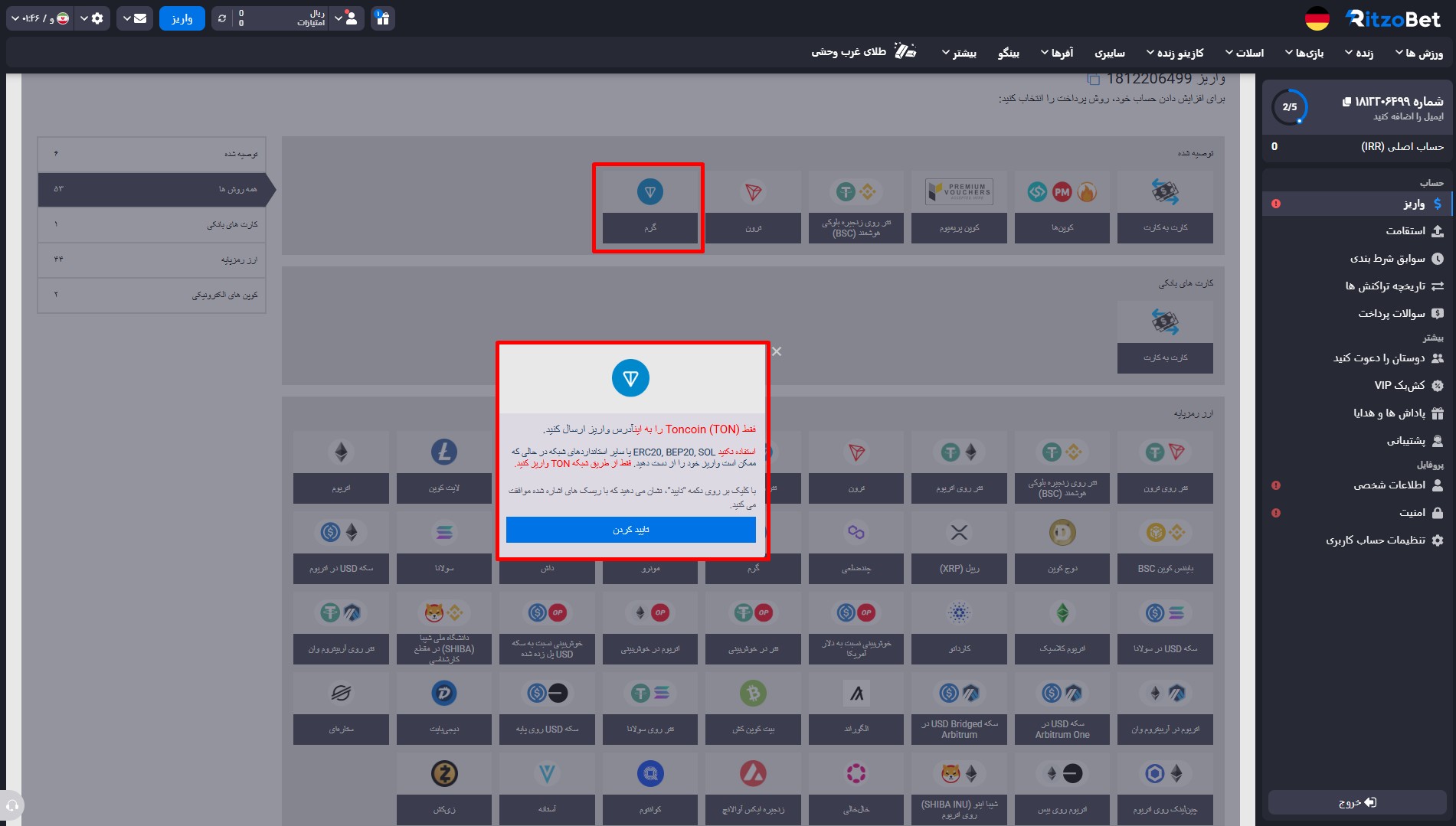 شارژ حساب در سایت ریتزو بت