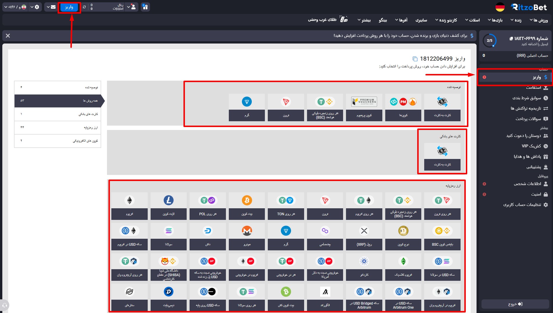 شارژ حساب در سایت ریتزو بت