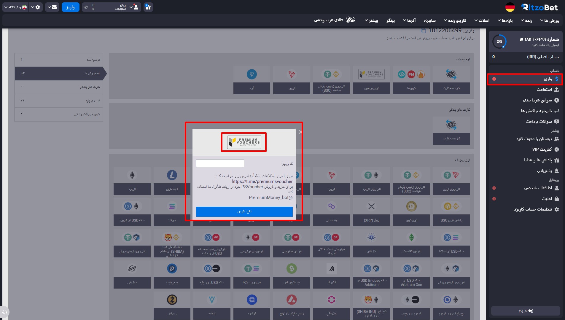 شارژ حساب در سایت ریتزو بت