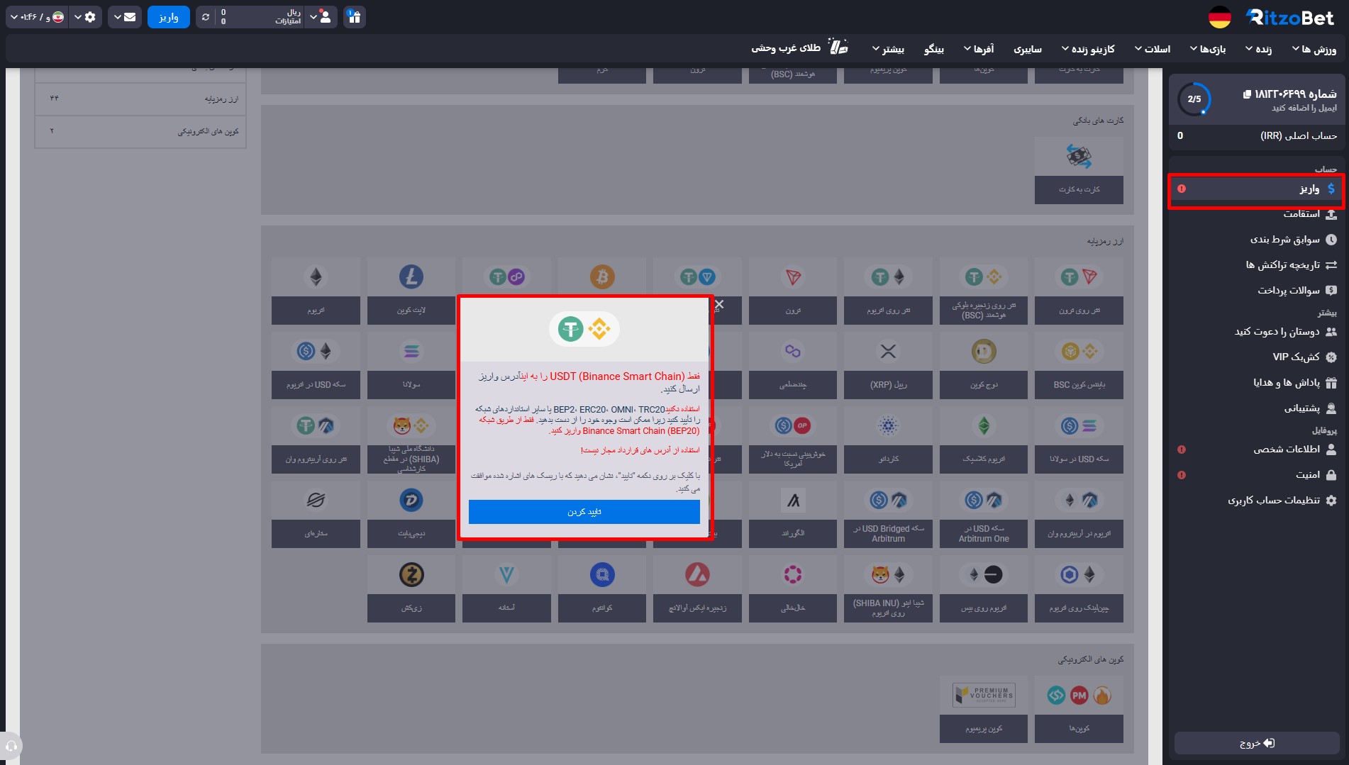 شارژ حساب در سایت ریتزو بت